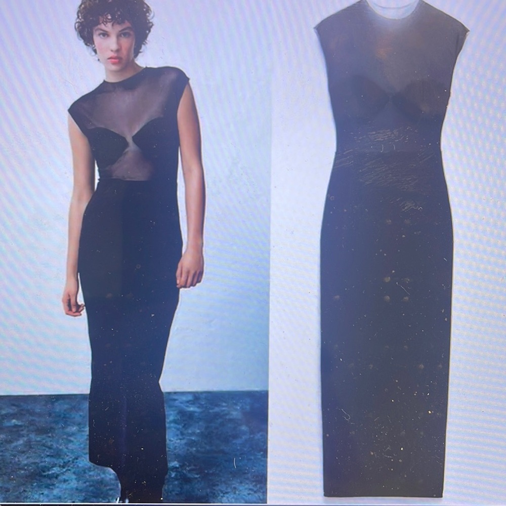 NWT Zara Black Mixed Tulle Midi Sleeveless Dress